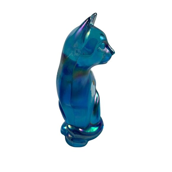Fenton Celeste Blue Glass Sitting Cat Hand Painted Dancing Daisies Vintage 2004 - Picture 4 of 7